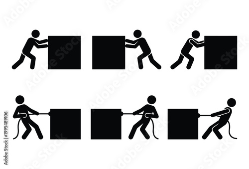 Six figures engage in a cooperative pushing activity depicted in stark black silhouette