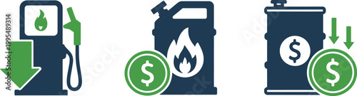 Fuel Price Drop Icon Set Vector, Gas Pump, Propane Tank, and Oil Barrel Symbols Representing Energy Cost Reduction, Market Trends, Economic Analysis, and Financial Forecast Concepts
