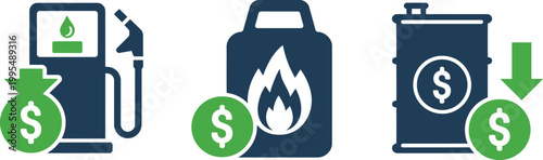 Fuel Price Drop Icon Set Vector, Gas Pump, Propane Tank, and Oil Barrel Symbols Representing Energy Cost Reduction, Market Trends, Economic Analysis, and Financial Forecast Concepts