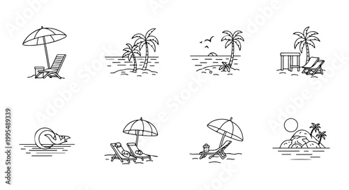 Minimalist beach vacation line icons, set of 8 tropical summer holiday vector illustrations, simple black and white ocean travel scenes for web design