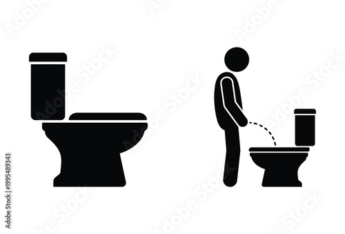 Simple black and white graphic depicting a male urinating at a restroom facility silhouette
