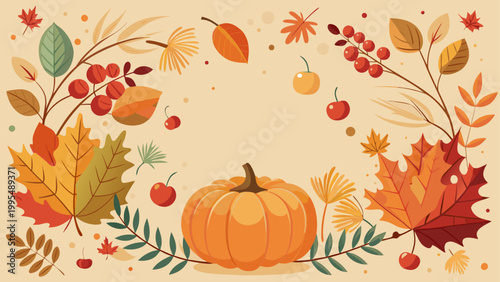 Autumn harvest with pumpkins, apples, and leaves in a decorative arrangement