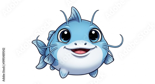 Cartoon smiling blue catfish face closeup.
