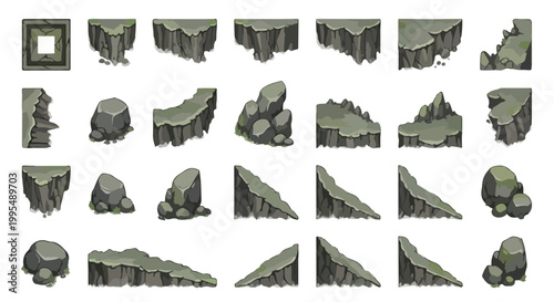 Stone platform game assets, 28 rock cliff and floating island vector elements, grey mountain terrain tiles for 2D platformer level design