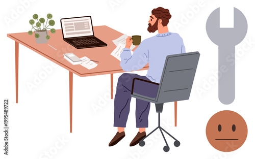 Work productivity, technical support, problem-solving, remote work, business analysis, task management. A man seated at a desk with a laptop and coffee cup, accompanied by a wrench and neutral face