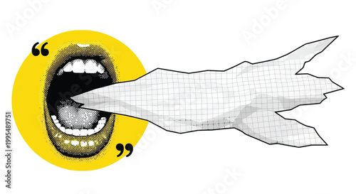 Quoting expressionless hand gesturing towards open mouth on yellow emoticon background with quotation marks