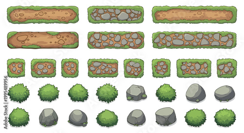Cartoon game environment assets, 30 nature landscape elements vector set, green grass bushes and stone path tiles for level design