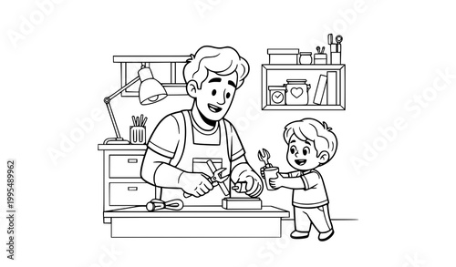 Child helping parent in workshop cartoon outline vector illustration family activity coloring page scene