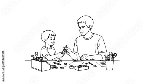Kid helping parent with work cartoon line art vector illustration family teamwork coloring page design