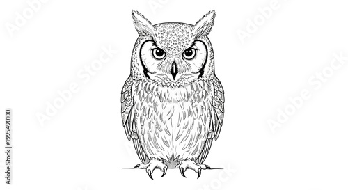 Detailed Illustration of a Great Horned Owl Perched on a Branch