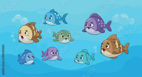 Photography Cute cartoon fish collection, colorful underwater sea creatures vector set, frie