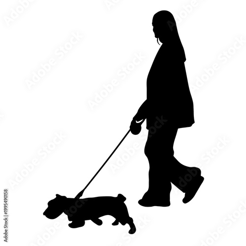 A silhouette of a woman with a dog.