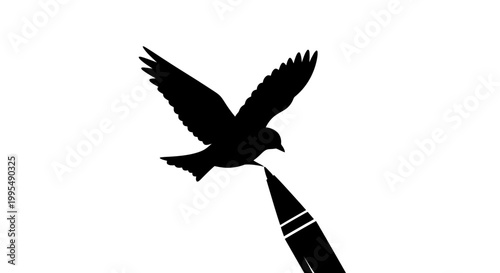 Dove silhouette flying with pen nib, symbolizing peace, writing, creativity