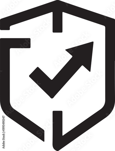 A minimalist black and white icon featuring a hexagonal shield outline containing a checkmark that evolves into an upward-pointing arrow.