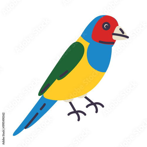 Cute colorful Gouldian finch bird, bright flat cartoon exotic pet bird illustration. Rainbow finch vibrant plumage and beautiful feathers vector design, isolated colored clipart on white background