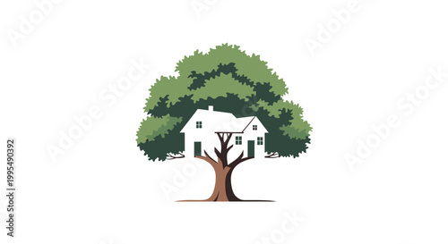 Eco-friendly house integrated into large green tree, sustainable living concept