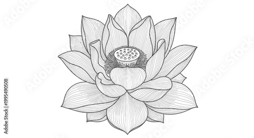 Elegant Lotus Flower Line Drawing Isolated on White Background