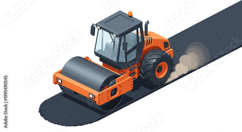 Isometric illustration of an orange road roller meticulously compacting fresh asphalt, creating a new, smooth road section for modern infrastructure and urban development