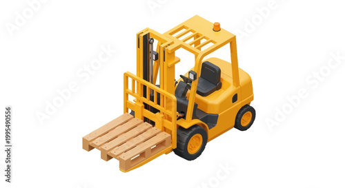 Isometric 3D illustration of a vibrant yellow forklift carrying a wooden pallet, symbolizing efficient cargo handling and modern warehouse logistics operations