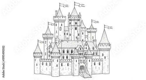 Fantasy Castle Drawing - Medieval Fortress Sketch with Flags and Towers