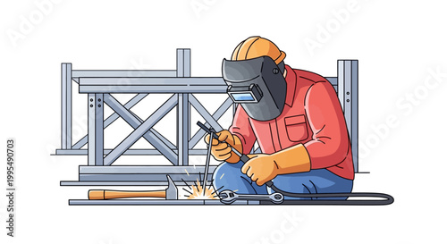 Construction worker performing welding on metal structure in industrial setting illustration