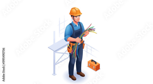 Skilled electrician in hard hat holding colorful wires near scaffolding and tool chest