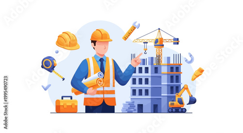 Expert construction manager in safety gear overseeing a modern building project with a crane, excavator, and various tools, symbolizing urban development and engineering