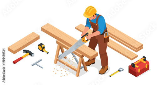 Isometric illustration of a professional carpenter sawing wood with a handsaw, surrounded by essential building and woodworking tools, depicting skilled craftsmanship and construction work
