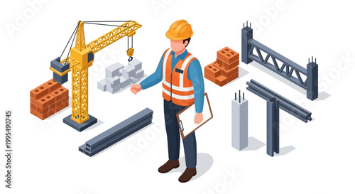 Construction worker overseeing a building site with equipment, materials, and a crane in isometric perspective, representing industry and infrastructure development