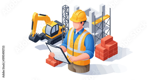 Construction worker reviewing blueprints at a building site with heavy machinery and materials in the background, illustrating engineering and development projects