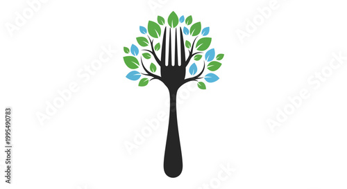 Fork tree with green and blue leaves, symbol of organic food and healthy lifestyle