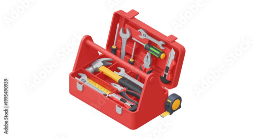 A red toolbox filled with various tools including a hammer, screwdrivers, pliers, and a tape measure, representing a collection of handy equipment for repairs and DIY projects