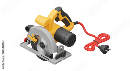 3D rendering of a modern electric circular saw, a powerful woodworking and construction tool, with a yellow and black ergonomic design and a red power cord, isolated on white background