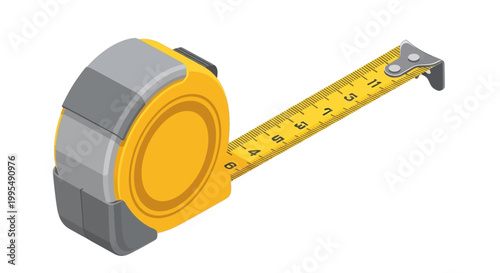 Yellow measuring tape tool, measuring instrument for construction and DIY projects, isometric view
