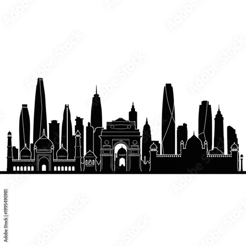 A black and white vector graphic illustration of the New Delhi city skyline, featuring iconic landmarks like the India Gate and Qutub Minar