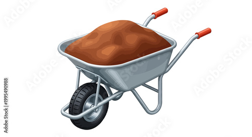 Single wheelbarrow filled with rich, brown soil, perfect for gardening and construction projects