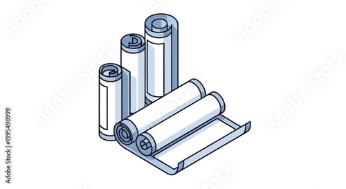 Illustration of several rolls of paper on a flat surface, some standing upright and one unrolling