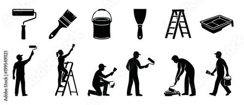 House Painting Tools and Workers Silhouette Set, Professional Interior Renovation Icons and People Using Roller, Brush, Ladder, and Paint Bucket for Wall Decorating Projects and Home Improvement Conce