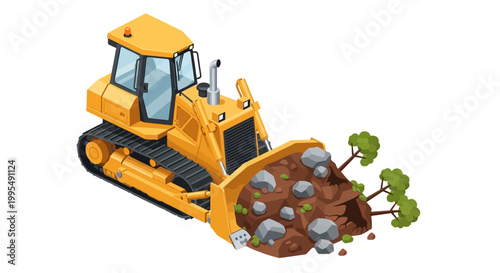 Yellow bulldozer clearing rocks and uprooted trees, illustration of heavy machinery at work