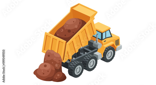 Isometric vector illustration of a robust yellow dump truck actively unloading a large pile of brown earth, depicting heavy construction work and site development processes