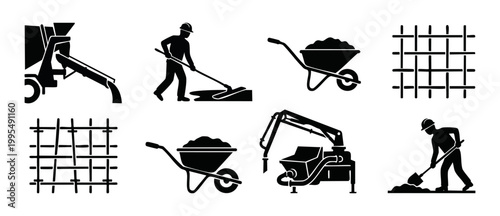 Construction concrete work icons set, cement mixer and laborers building foundations, industrial site equipment vector graphics for architecture engineering projects and manual labor renovation tasks