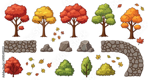 Autumn forest landscape elements, cartoon fall trees and stone walls vector set, colorful foliage bushes and rocks for game design