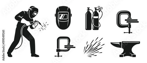 Welding icons set with professional welder, protective mask, gas cylinders, c-clamp and anvil. Industrial metalwork construction tools and equipment black silhouette vector graphics for workshop desig