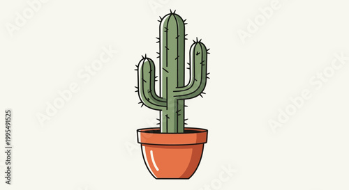 Green Cactus Plant in Terracotta Pot, Minimalist Flat Design