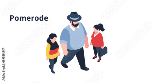 Isometric illustration of a family walking together in a group.