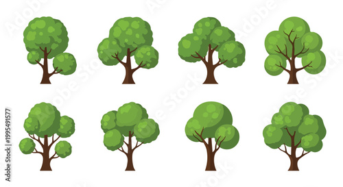 Flat green tree icons set, collection of 8 stylized deciduous trees with brown trunks, organic nature vector elements for landscape design and environment maps