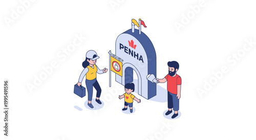 Isometric illustration of a family visiting a building with a sign.
