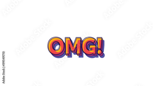 Vibrant orange and purple bubble text spelling out the exclamation omg with shadow effects to express surprise or shock in communication.