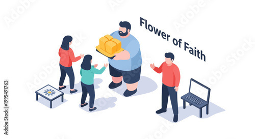 Isometric illustration of a group of people with a flower.