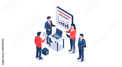 Isometric illustration of business people analyzing SEO budget data.